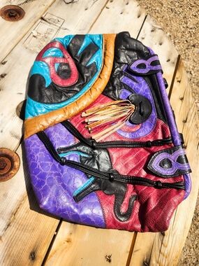 Vintage Artisan Patchwork Leather Elephant Flamingo Frame Handbag Boho